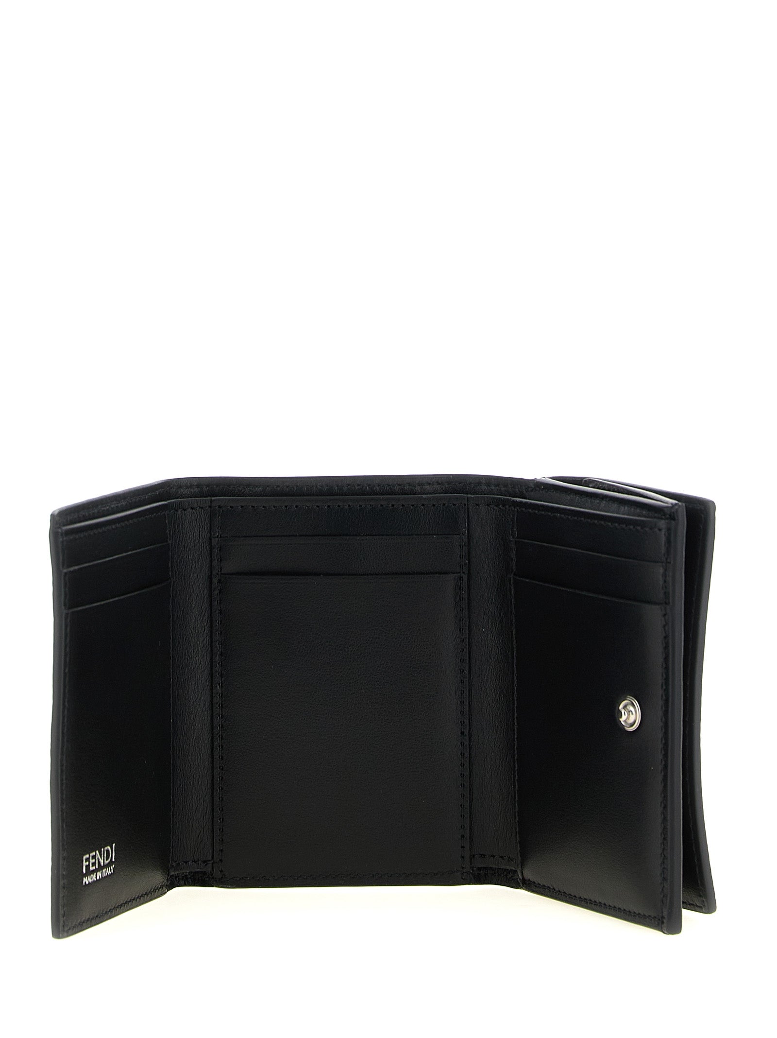 Fendi black calfskin cardholder with sleek design and multiple card slots, showcasing luxurious leather craftsmanship.