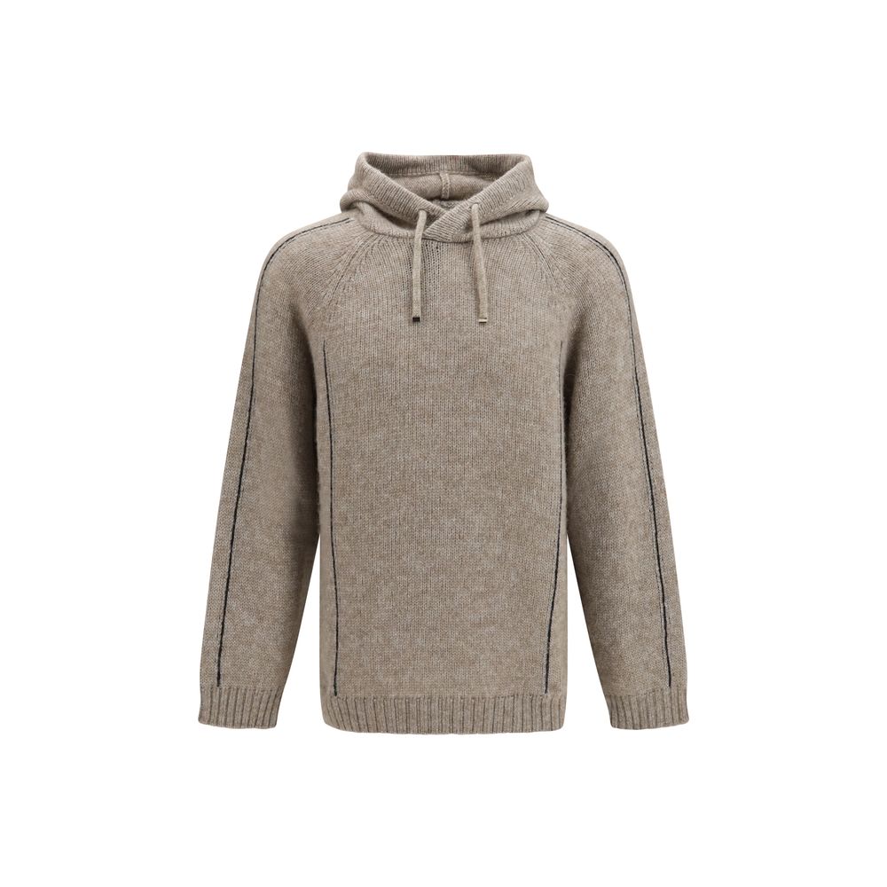 Beige Giorgio Armani Alpaca Vicugna Pacos hoodie with a soft, cozy knit texture and relaxed fit.