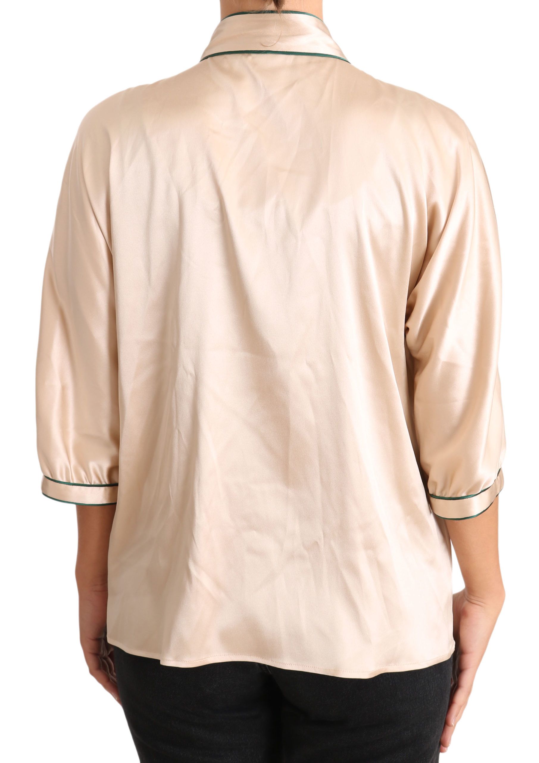 Beige ribbon silk stretch top blouse by Dolce & Gabbana, featuring elegant fabric and stylish design.