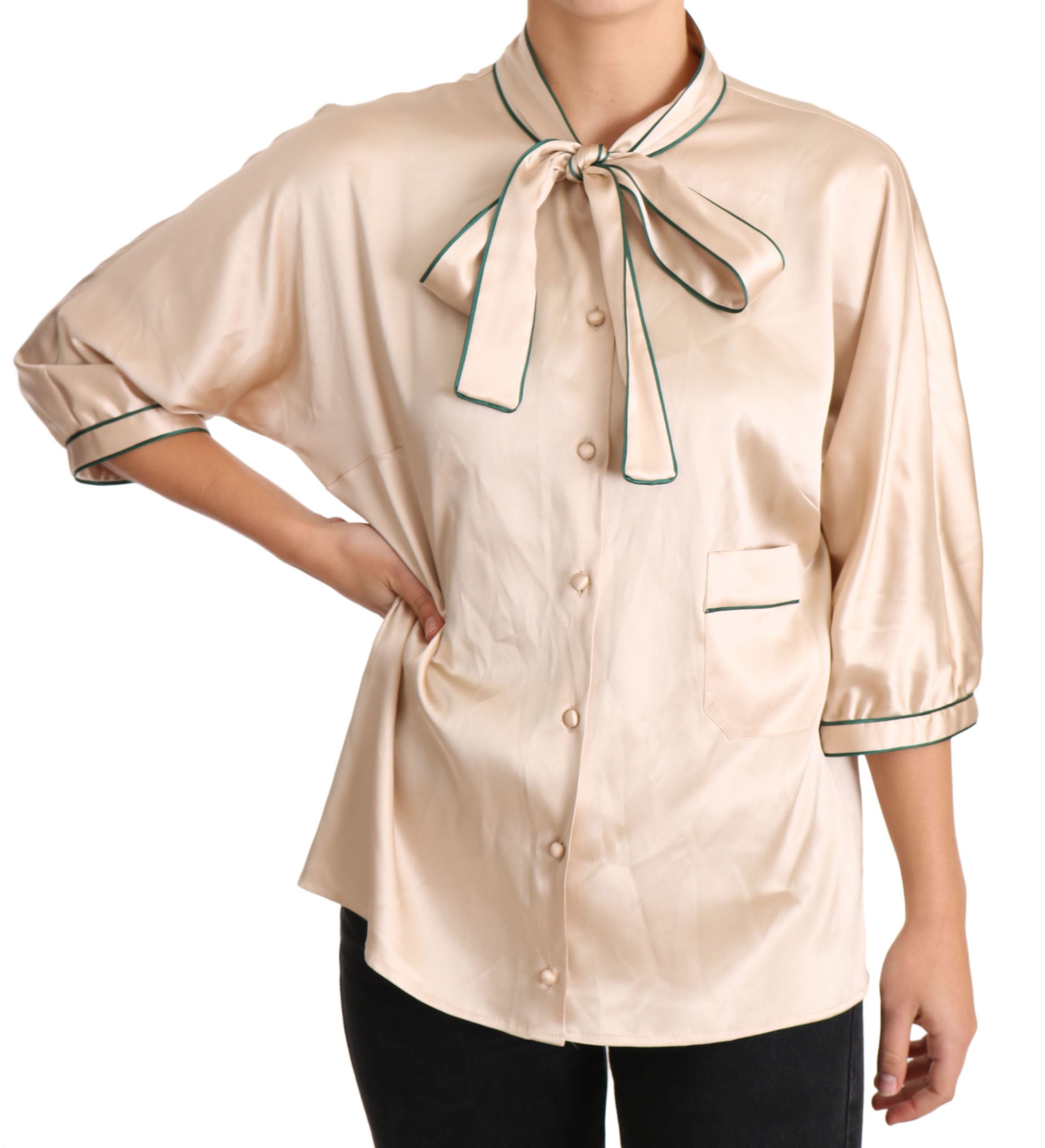 Beige silk stretch top blouse with ribbon detail from Dolce & Gabbana, featuring a fitted design and elegant fabric texture.