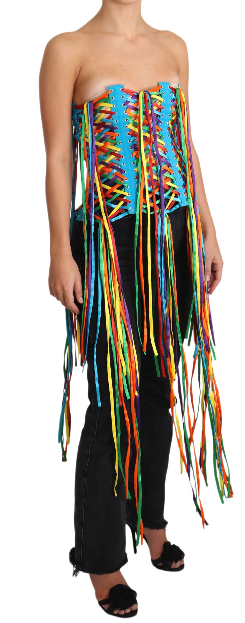 Multicolor strings bustier polyester corset top by Dolce & Gabbana, featuring vibrant, multicolored string details and a fitted design.