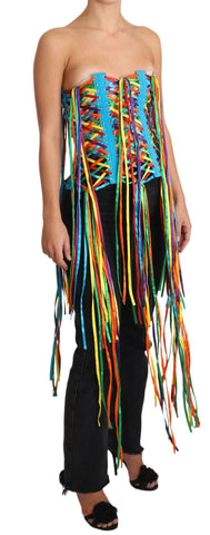 Multicolor strings bustier polyester corset top by Dolce & Gabbana, featuring vibrant, multicolored string details and a fitted design.