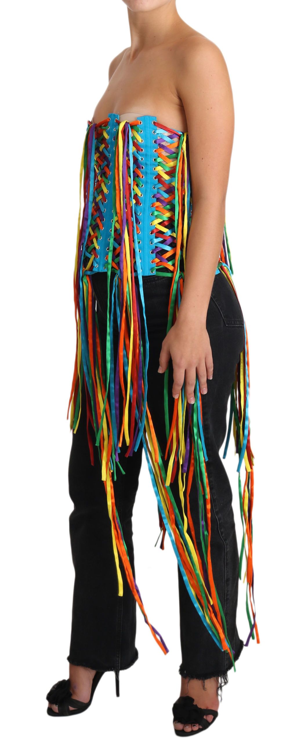 Multicolor strings bustier polyester corset top by Dolce & Gabbana, featuring vibrant colors and a fitted, structured design.