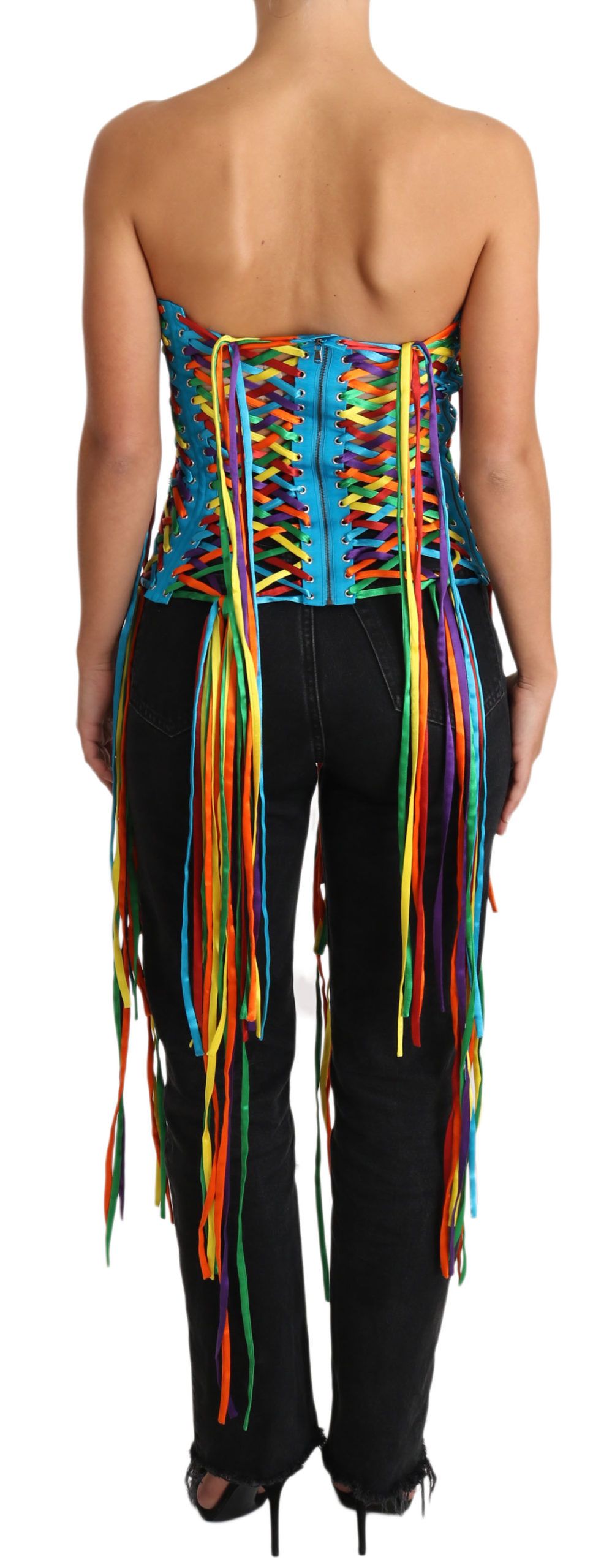 Multicolor strings bustier corset top by Dolce & Gabbana, featuring polyester fabric and vibrant design.