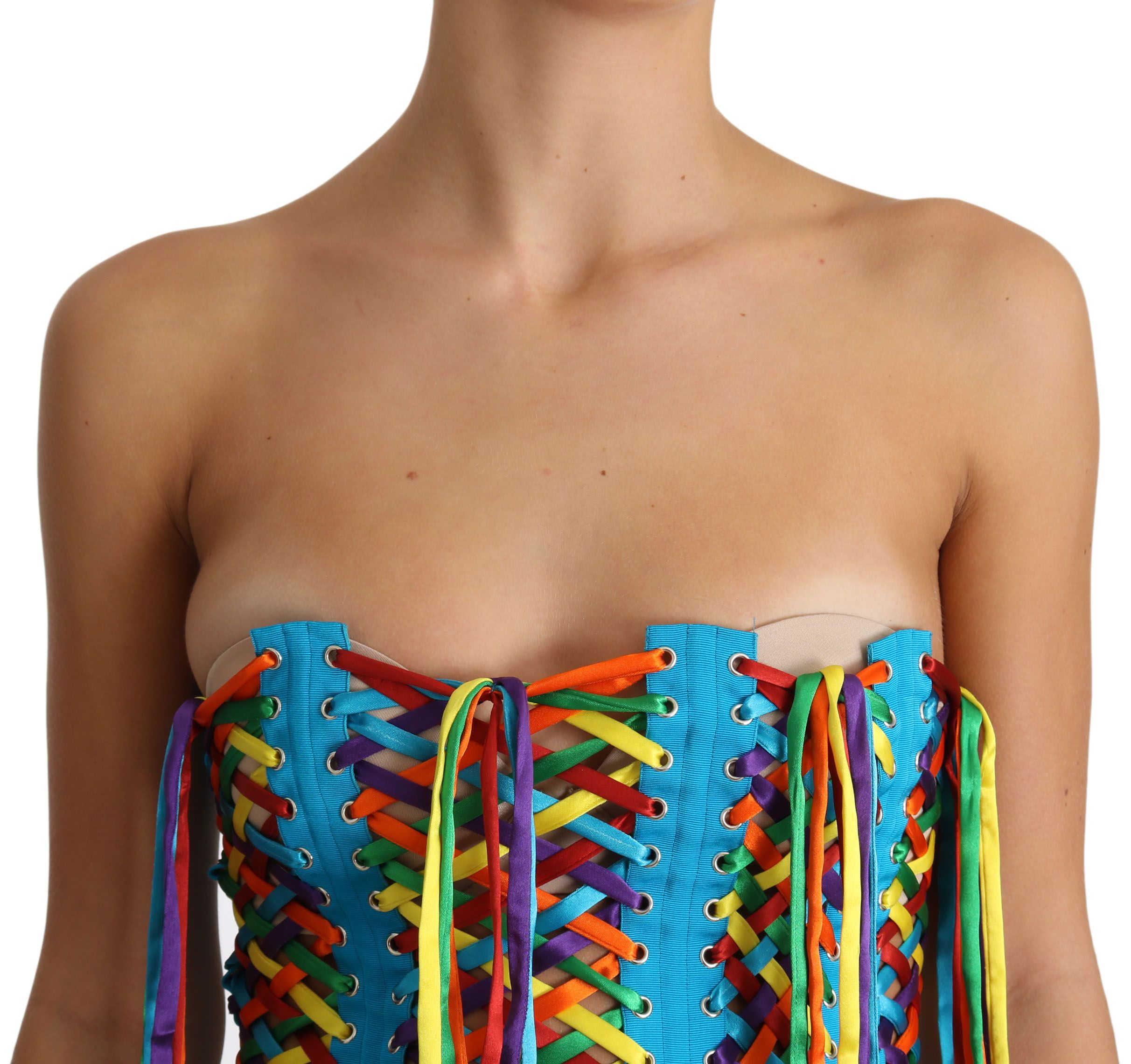 Multicolor strings bustier corset top by Dolce & Gabbana featuring polyester fabric and vibrant, multicolored design.