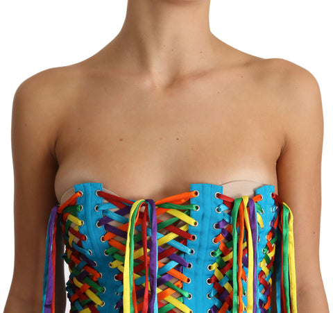 Multicolor strings bustier corset top by Dolce & Gabbana featuring polyester fabric and vibrant, multicolored design.