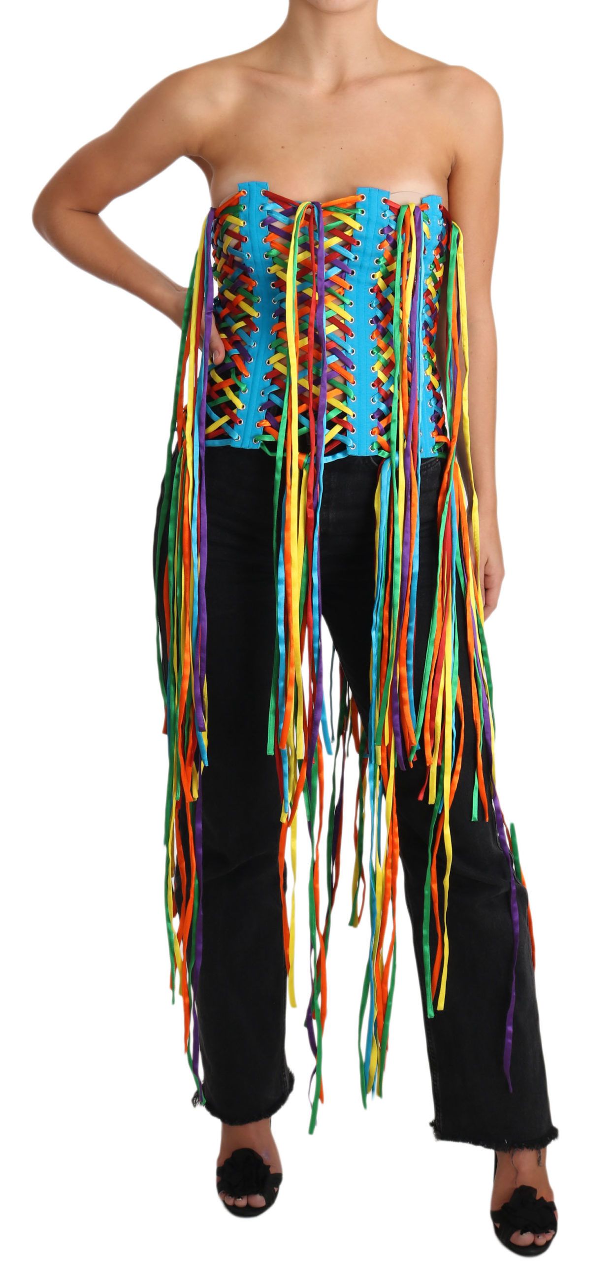 Multicolor strings bustier corset top by Dolce & Gabbana, featuring polyester fabric and a fitted, stylish design.