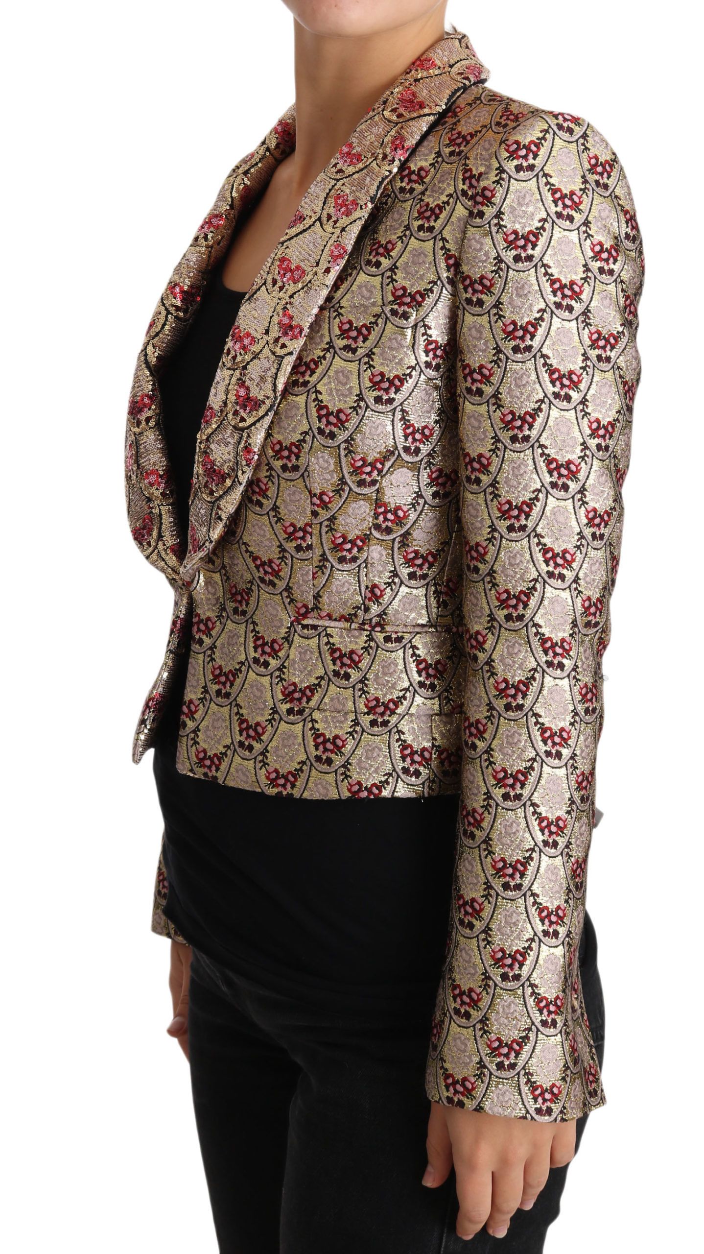 Gold floral sequined blazer coat jacket by Dolce & Gabbana, featuring intricate floral embroidery and sparkling sequins.