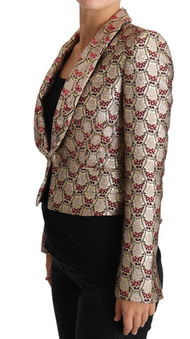 Gold floral sequined blazer coat jacket by Dolce & Gabbana, featuring intricate floral embroidery and sparkling sequins.