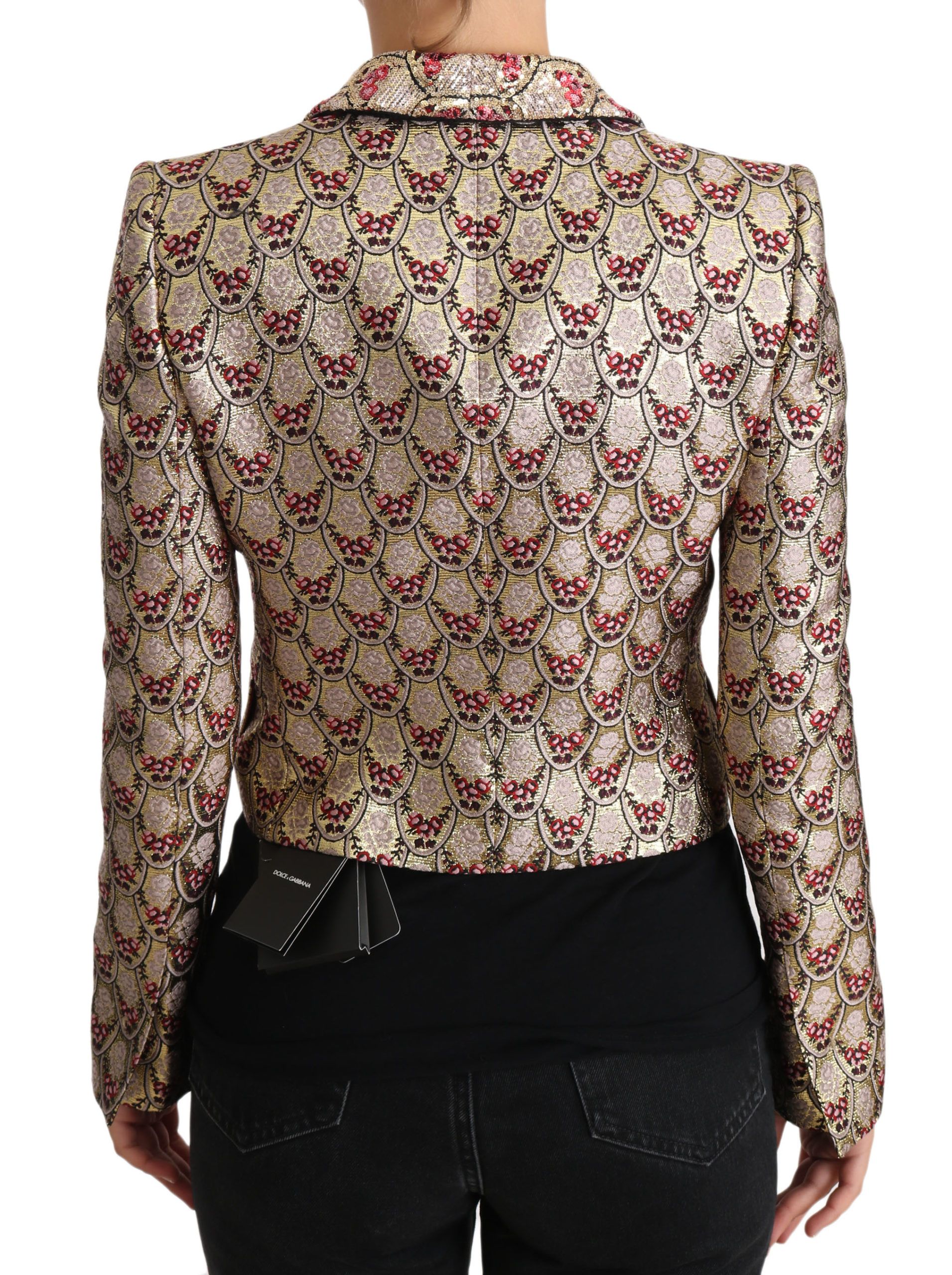 Gold floral sequined blazer coat by Dolce & Gabbana, featuring intricate floral embroidery and a tailored fit.