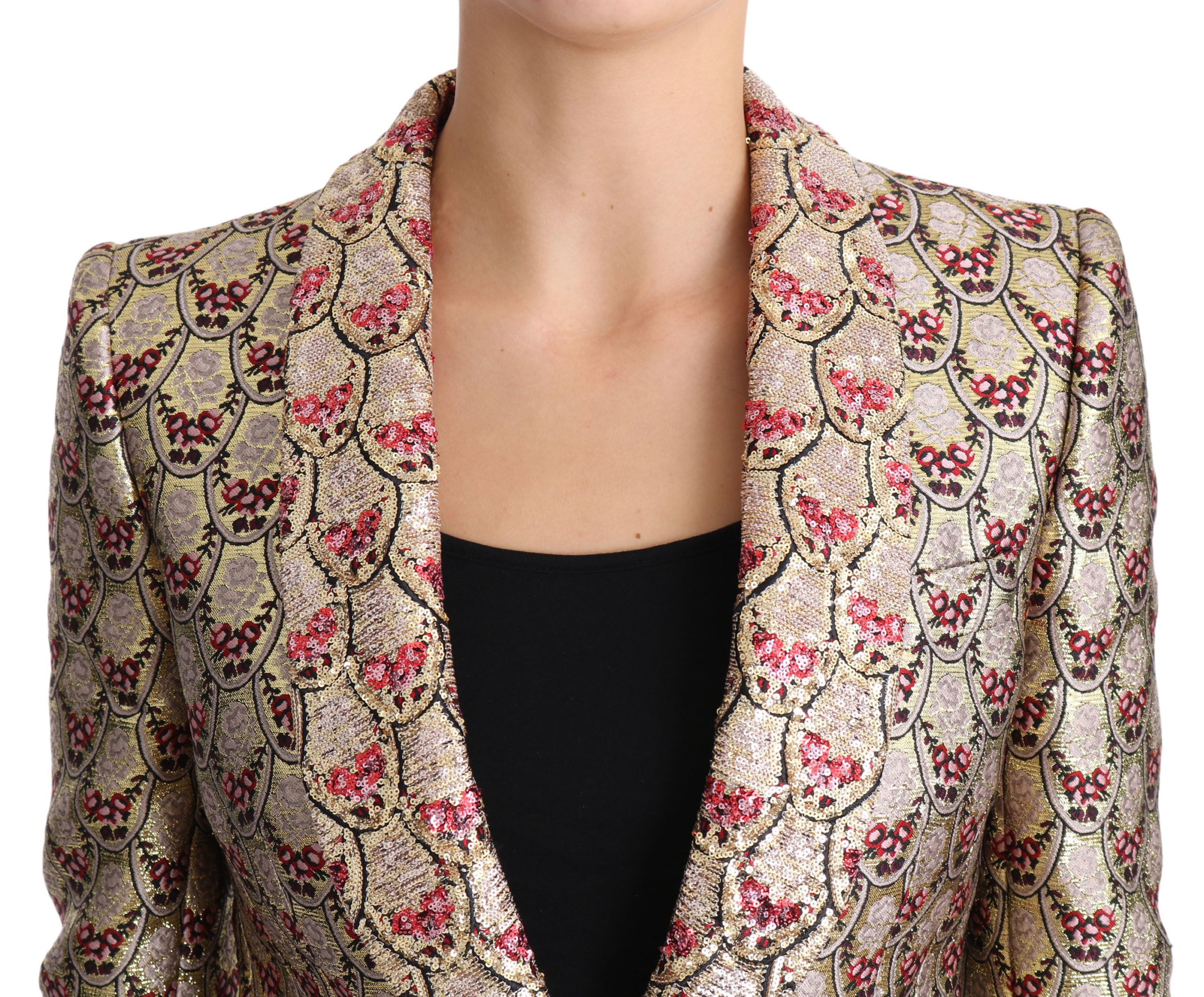 Gold floral sequined blazer coat by Dolce & Gabbana, featuring intricate floral embroidery and elegant tailored fit.