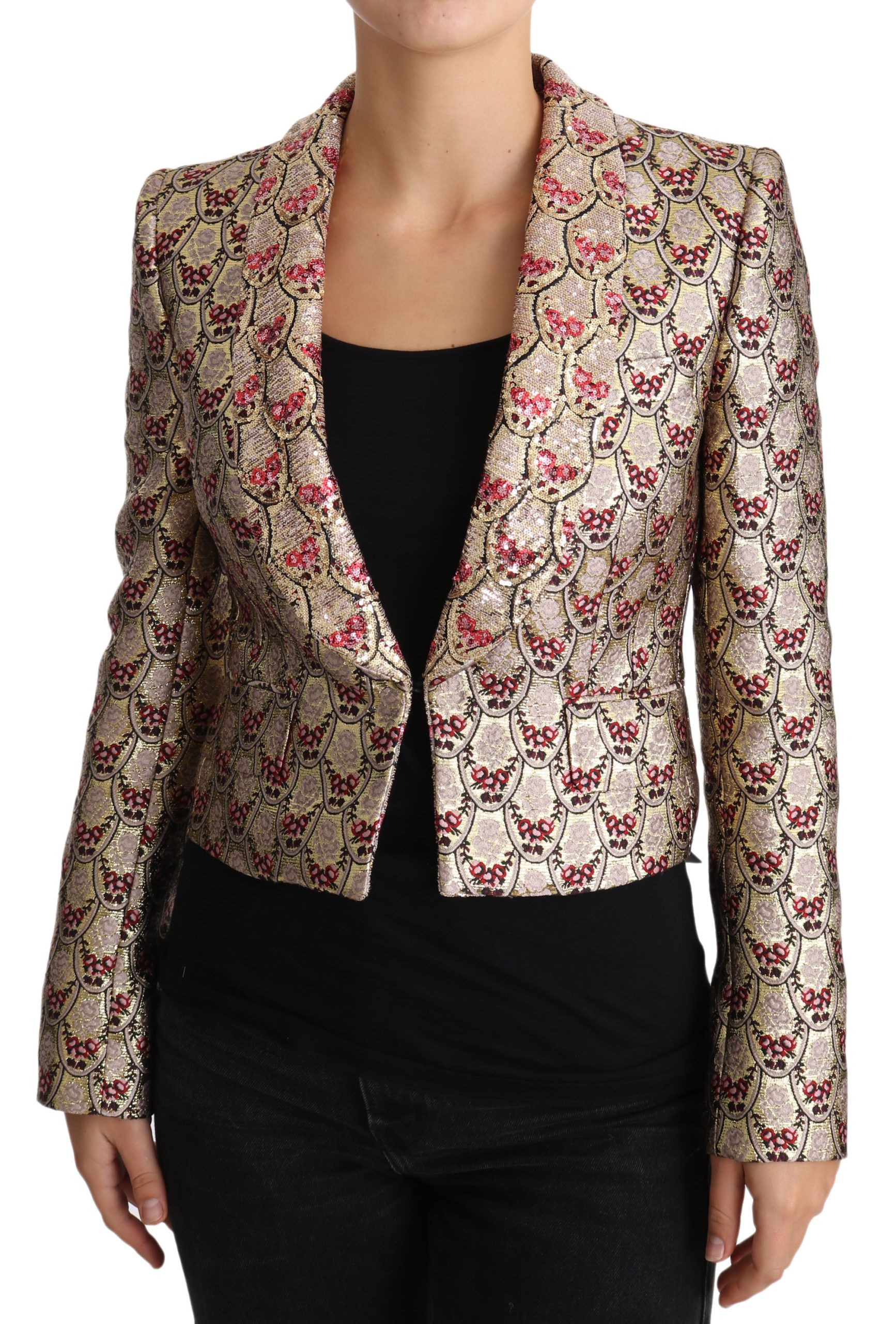 Gold floral sequined blazer coat by Dolce & Gabbana, featuring intricate floral embroidery and a tailored fit.