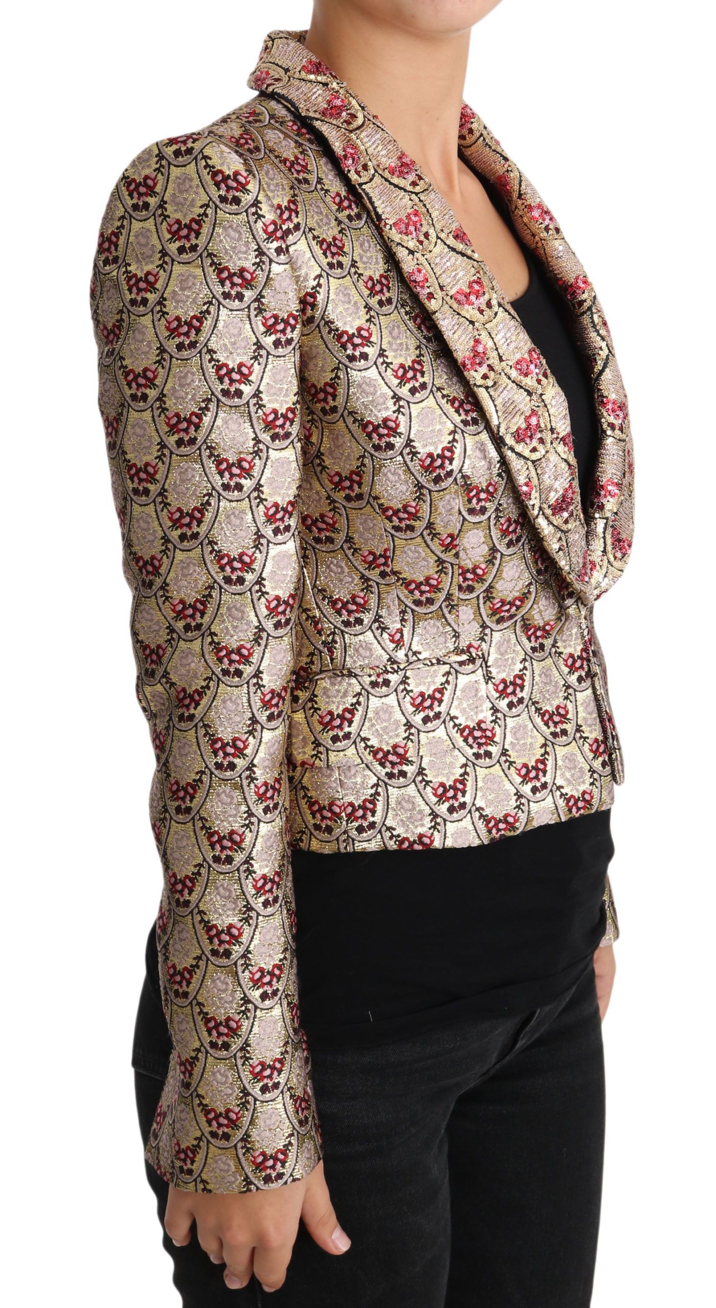 Gold floral sequined blazer coat jacket by Dolce & Gabbana, featuring intricate floral embroidery and a tailored fit.