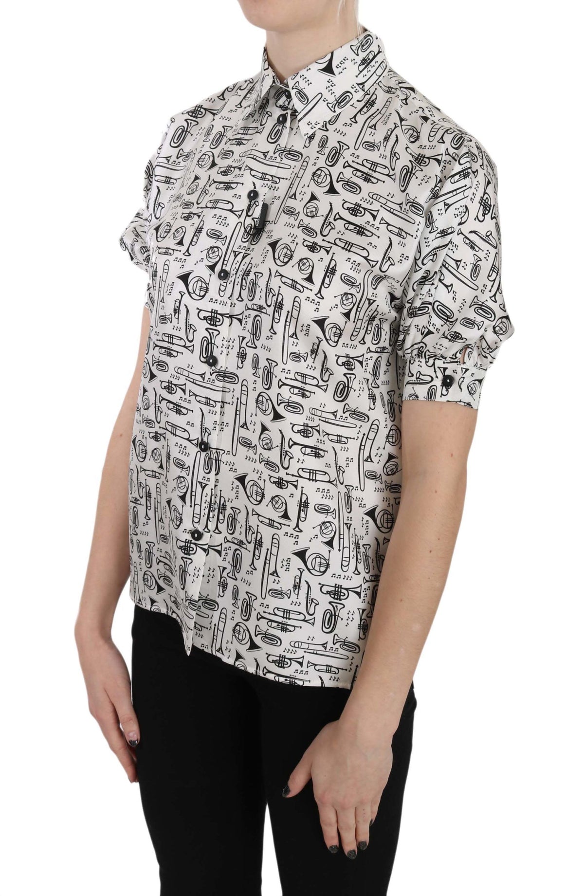 Dolce & Gabbana silk blouse featuring trumpet print, button front design, stylish and elegant for sophisticated fashion.