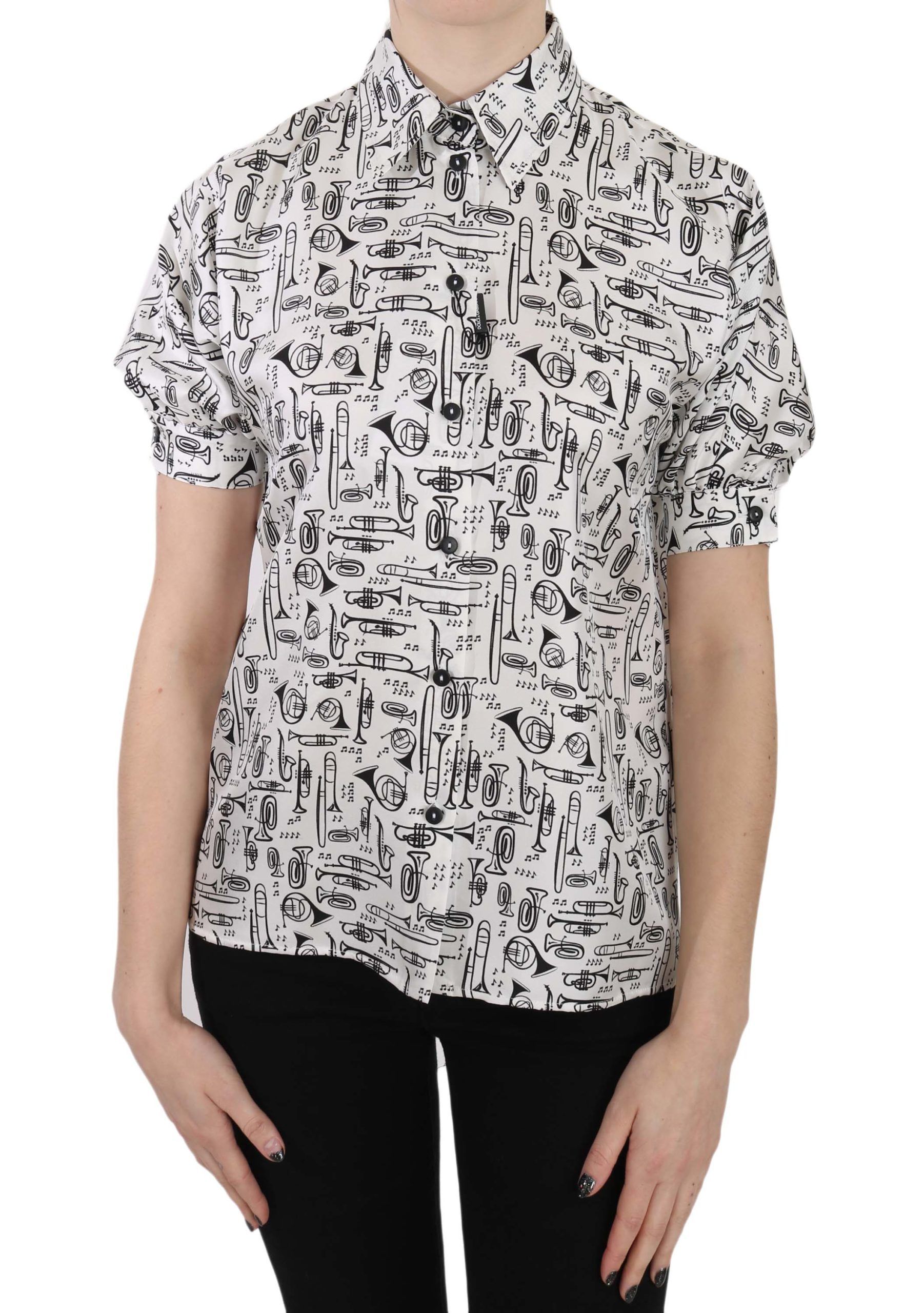 Dolce & Gabbana silk blouse with trumpet print, button front, stylish and elegant top for sophisticated fashion.