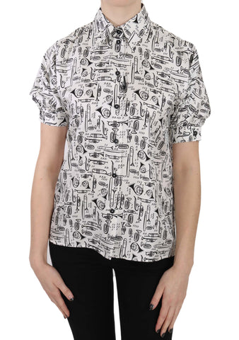 Dolce & Gabbana silk blouse with trumpet print, button front, stylish and elegant top for sophisticated fashion.