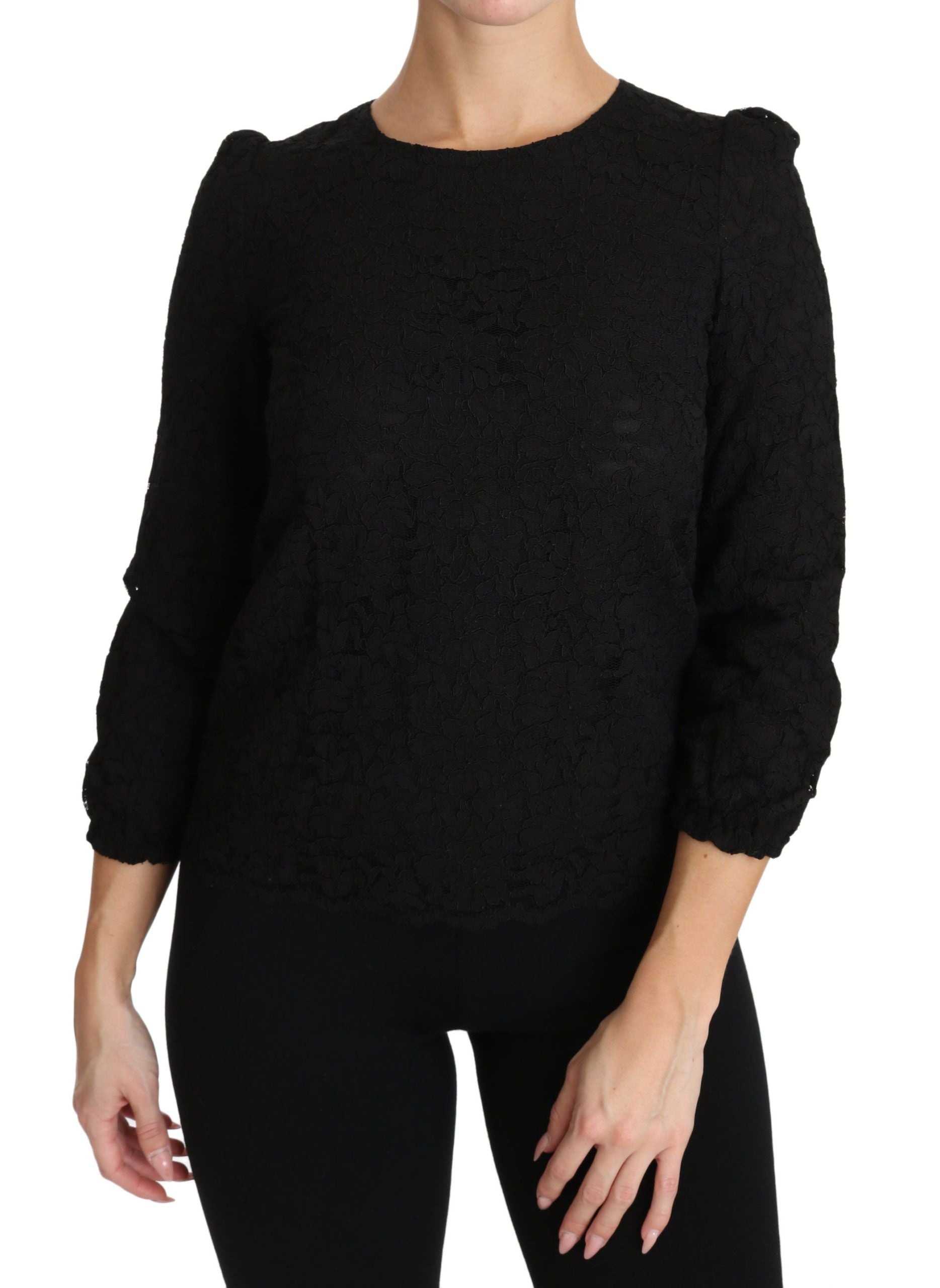 Black floral lace zipper blouse by Dolce & Gabbana, featuring intricate lace details and a sleek zipper front.