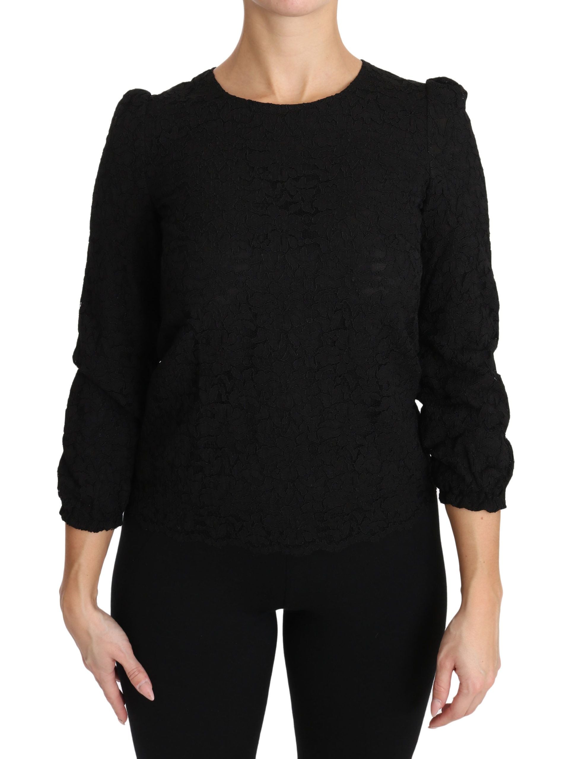 Black floral lace zipper top blouse by Dolce & Gabbana, featuring intricate lace details and a front zipper closure.
