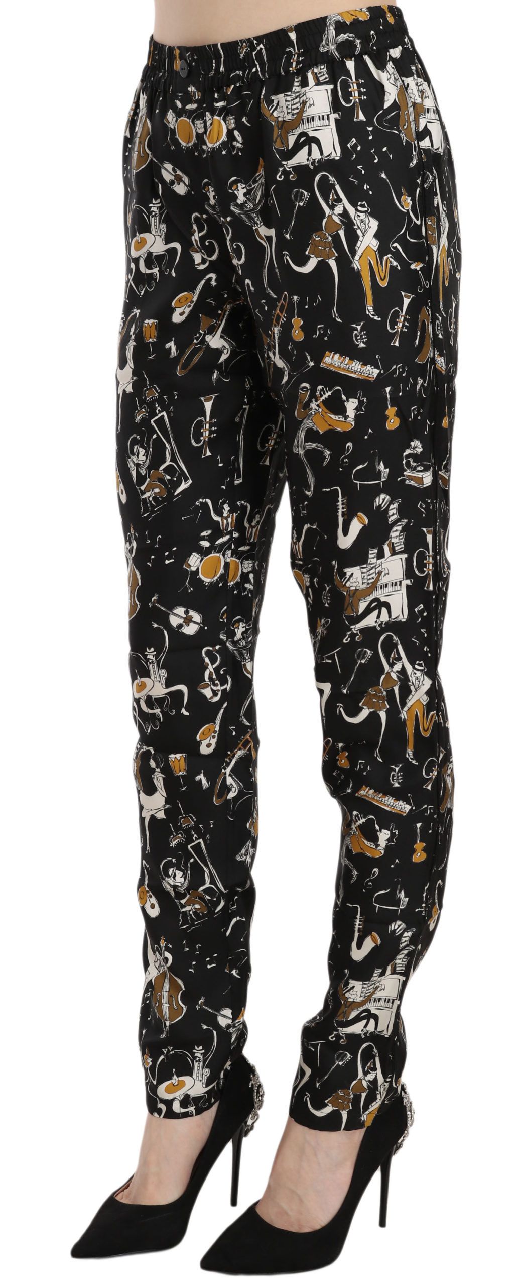 Black high waist tapered pants with jazz club print by Dolce & Gabbana, featuring a stylish, fitted design and elegant detailing.