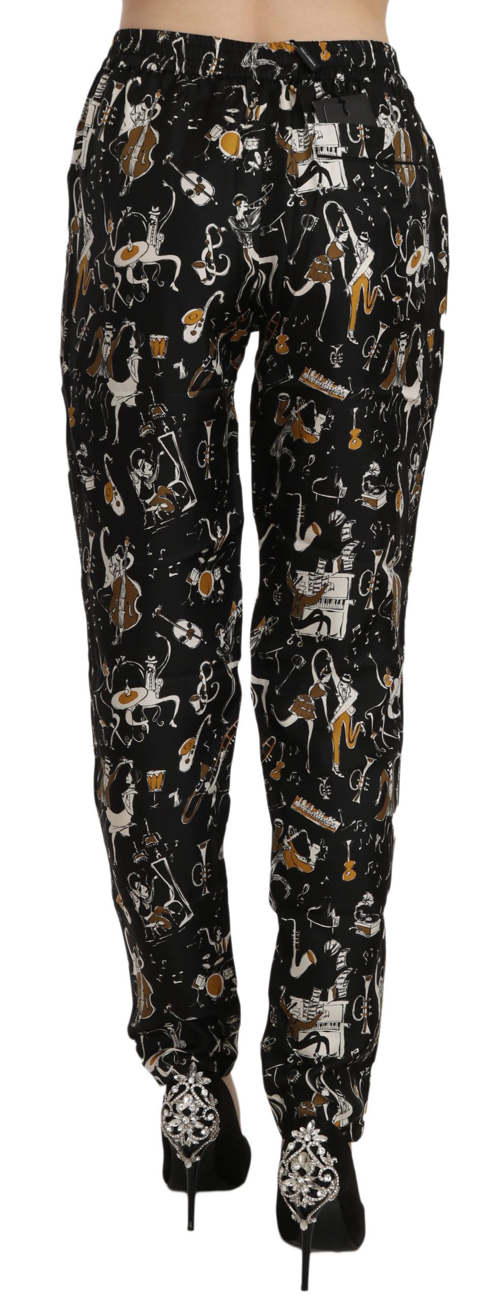 Black jazz club print high-waist tapered pants by Dolce & Gabbana, featuring a sleek fit and stylish design.