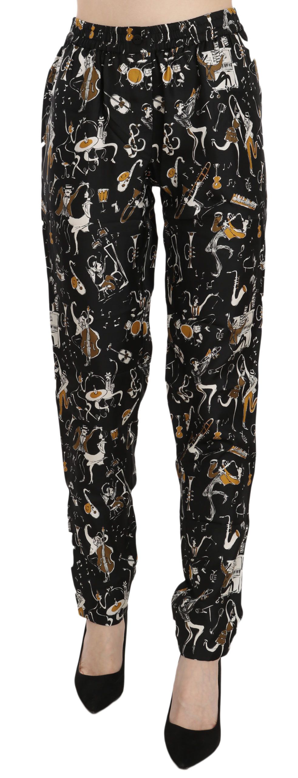 Black jazz club print high waist tapered pants by Dolce & Gabbana, featuring a stylish tapered fit and bold black and white graphic design.