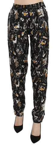 Black jazz club print high waist tapered pants by Dolce & Gabbana, featuring a stylish tapered fit and bold black and white graphic design.