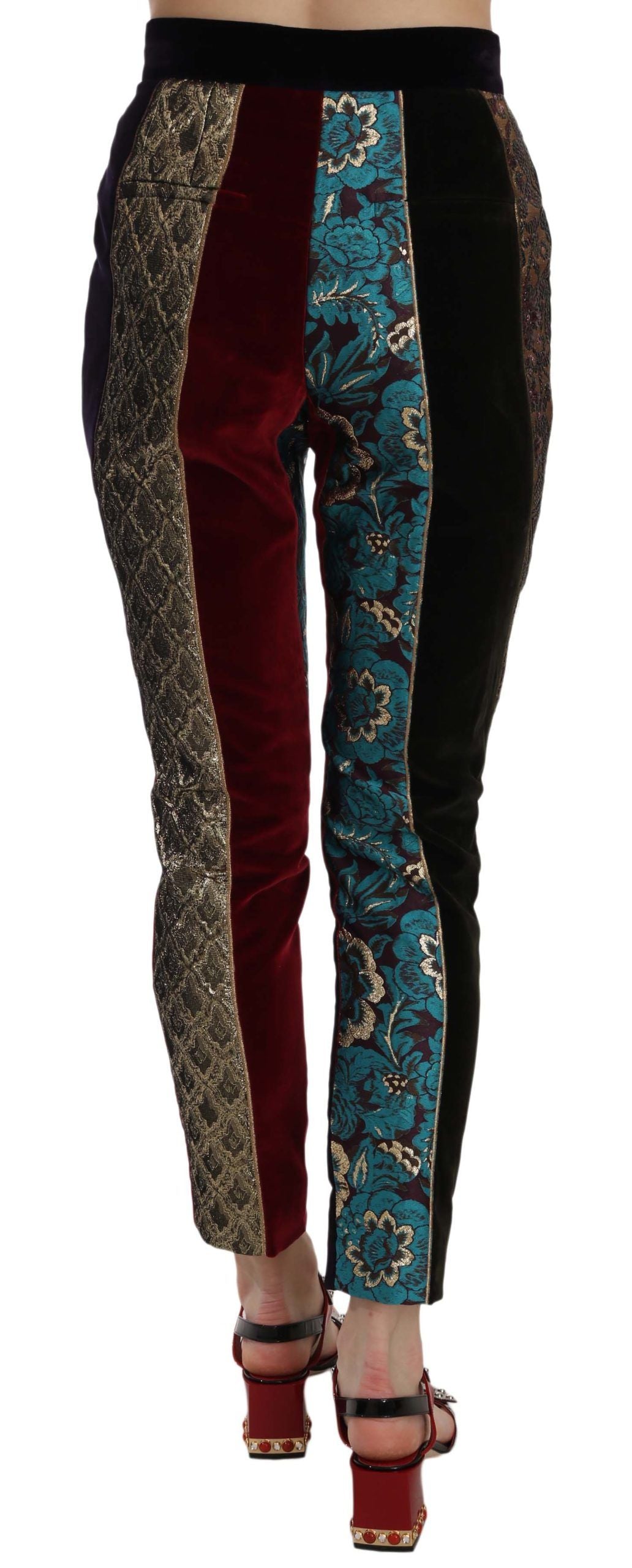 Multicolor jacquard cropped tapered pants by Dolce & Gabbana showing vibrant woven pattern and tailored fit.