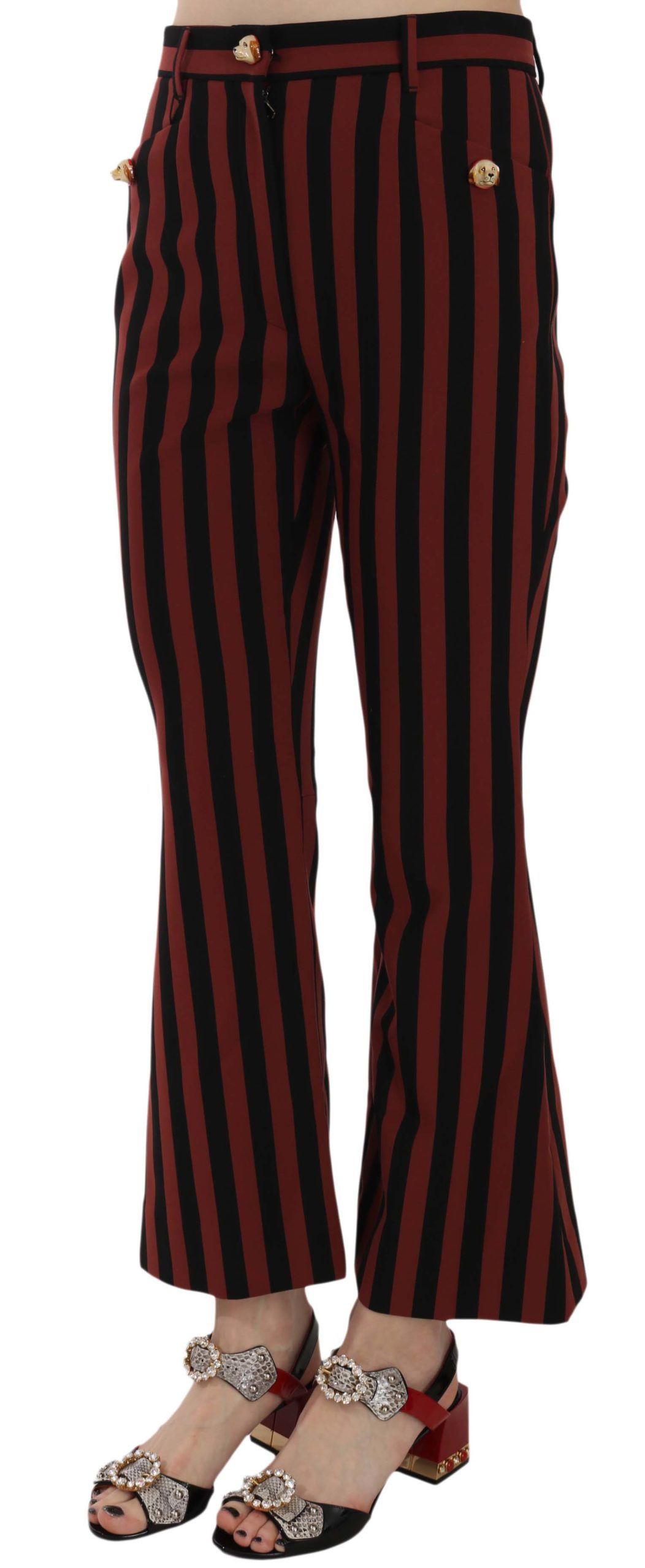 Black Amaranth Stripe Cropped Flared Pants by Dolce & Gabbana, showing the high-waisted design with bold stripe pattern and flared leg silhouette.