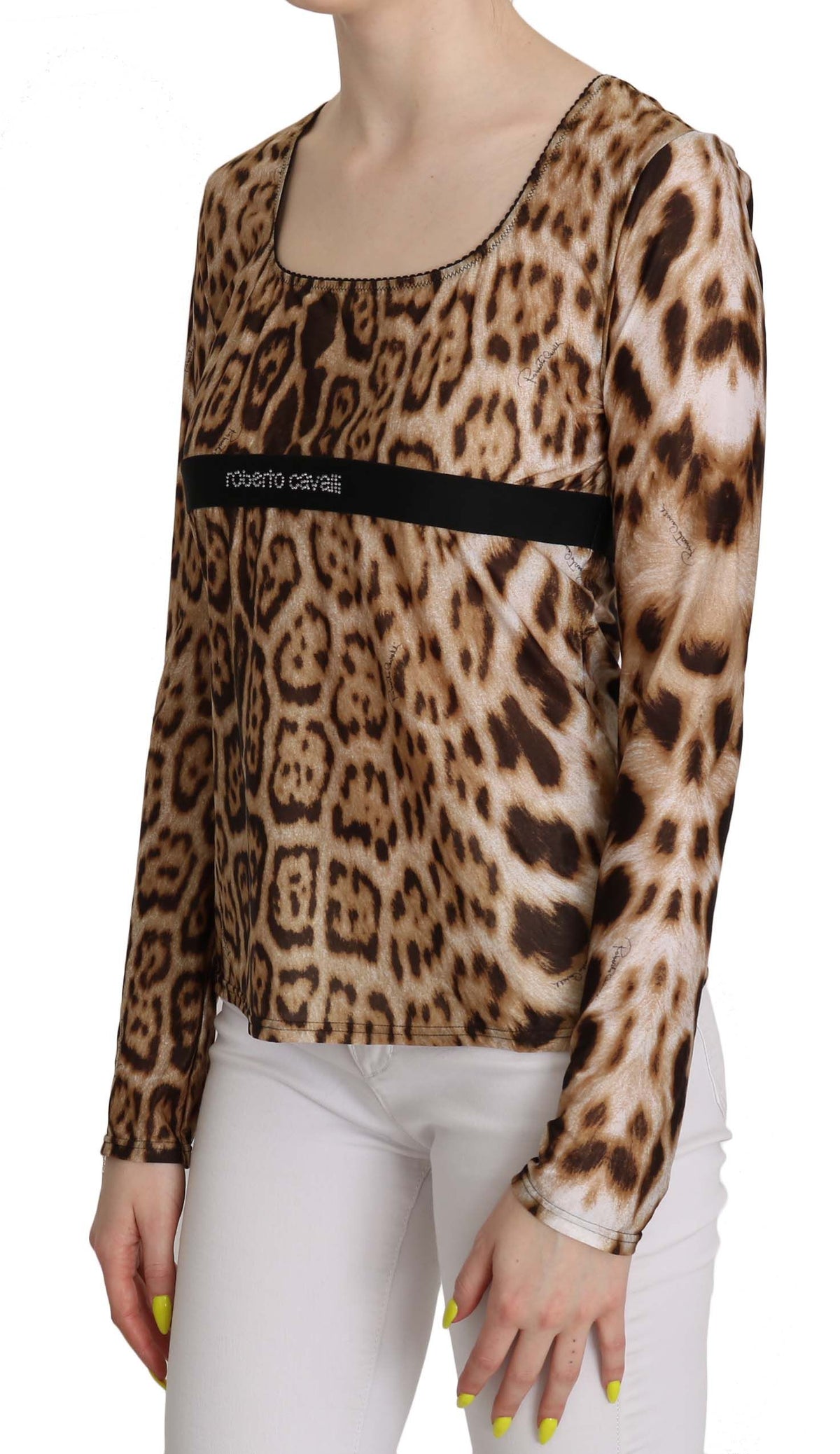 Brown round neck leopard print women’s top blouse by Roberto Cavalli, featuring a stylish fit and fashionable pattern.
