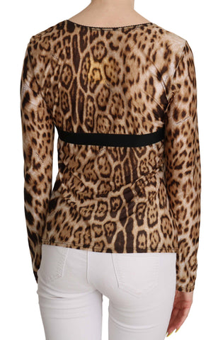 Brown round neck leopard print blouse for women by Roberto Cavalli, stylish top with long sleeves and fitted design.