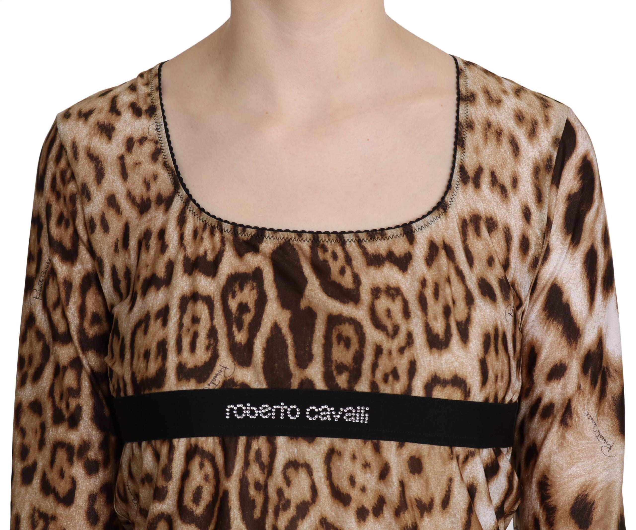 Brown round neck leopard print women's blouse by Roberto Cavalli featuring a stylish fit and elegant design.