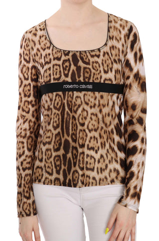 Brown round neck leopard print women’s top blouse by Roberto Cavalli, featuring a stylish fit and bold animal pattern.