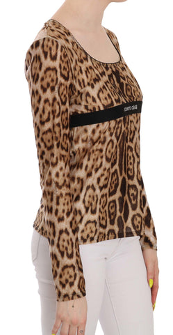Brown round neck leopard print women's top blouse by Roberto Cavalli, featuring a stylish fit and bold animal pattern.