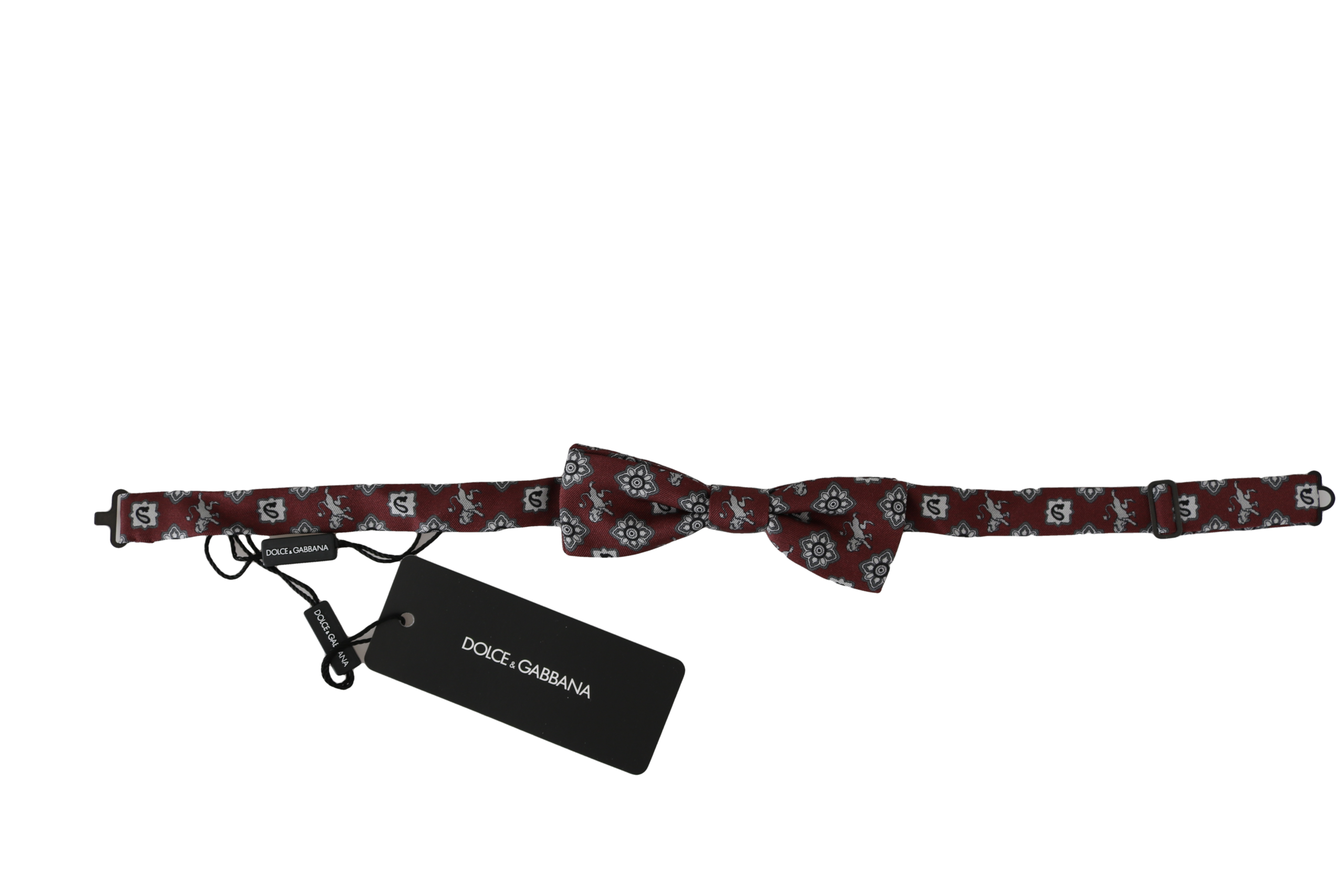 Men's Bordeaux maroon lion silk bow tie with adjustable neck strap by Dolce & Gabbana, featuring a detailed lion pattern.