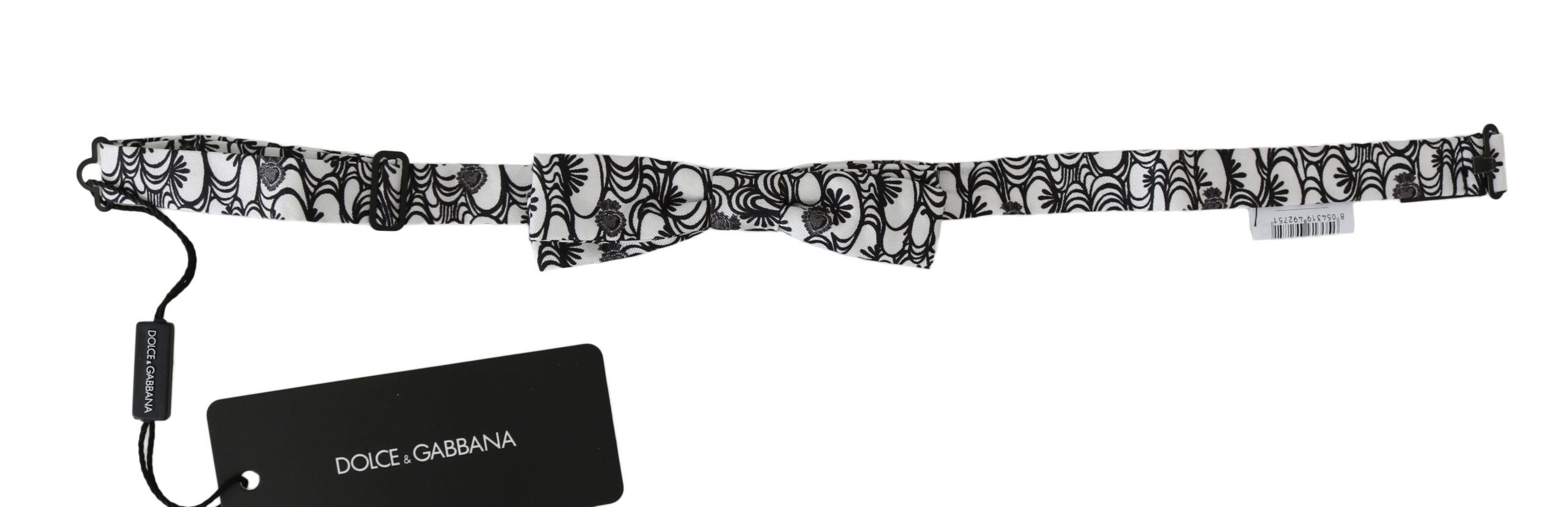 White patterned silk adjustable neck papillon tie by Dolce & Gabbana, featuring a stylish bow design.