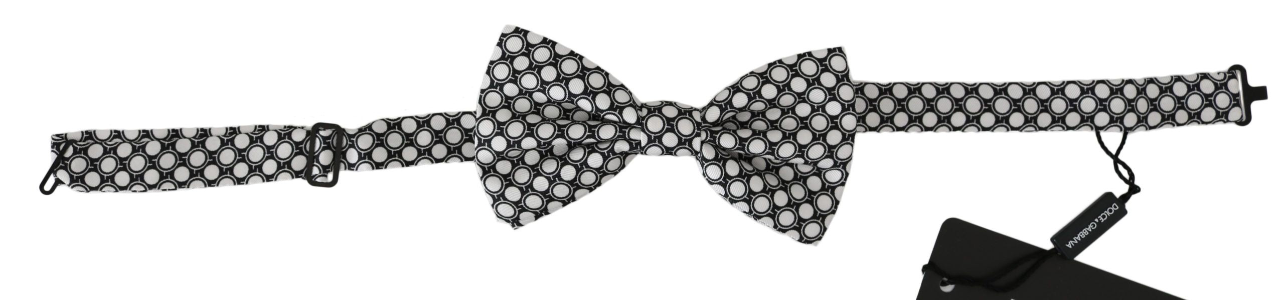 Men's black and white circle pattern adjustable neck papillon bow tie by Dolce & Gabbana, featuring classic design and fabric texture.