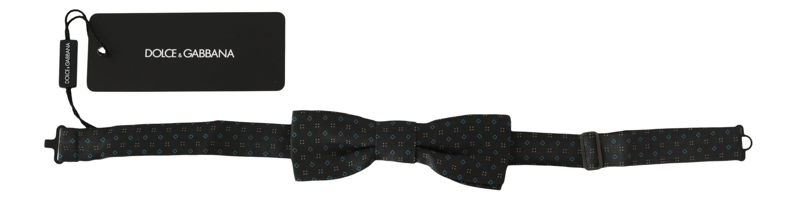 Men's gray silk bow tie with a pattern, adjustable neck strap, by Dolce & Gabbana, shown on a neutral background.