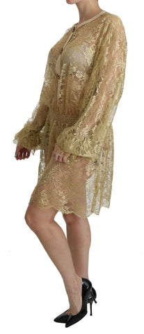 Gold lace see-through A-line knee-length dress by Dolce & Gabbana, featuring intricate lace details and a fitted silhouette.