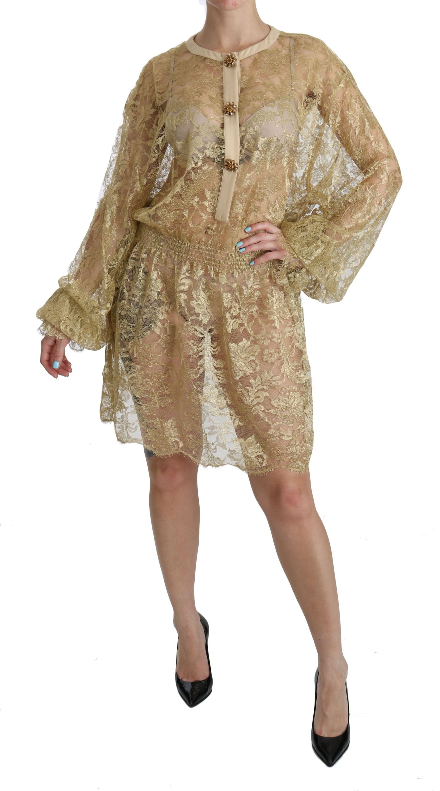 Gold lace see-through A-line knee-length dress by Dolce & Gabbana, featuring intricate lace details and a fitted silhouette.