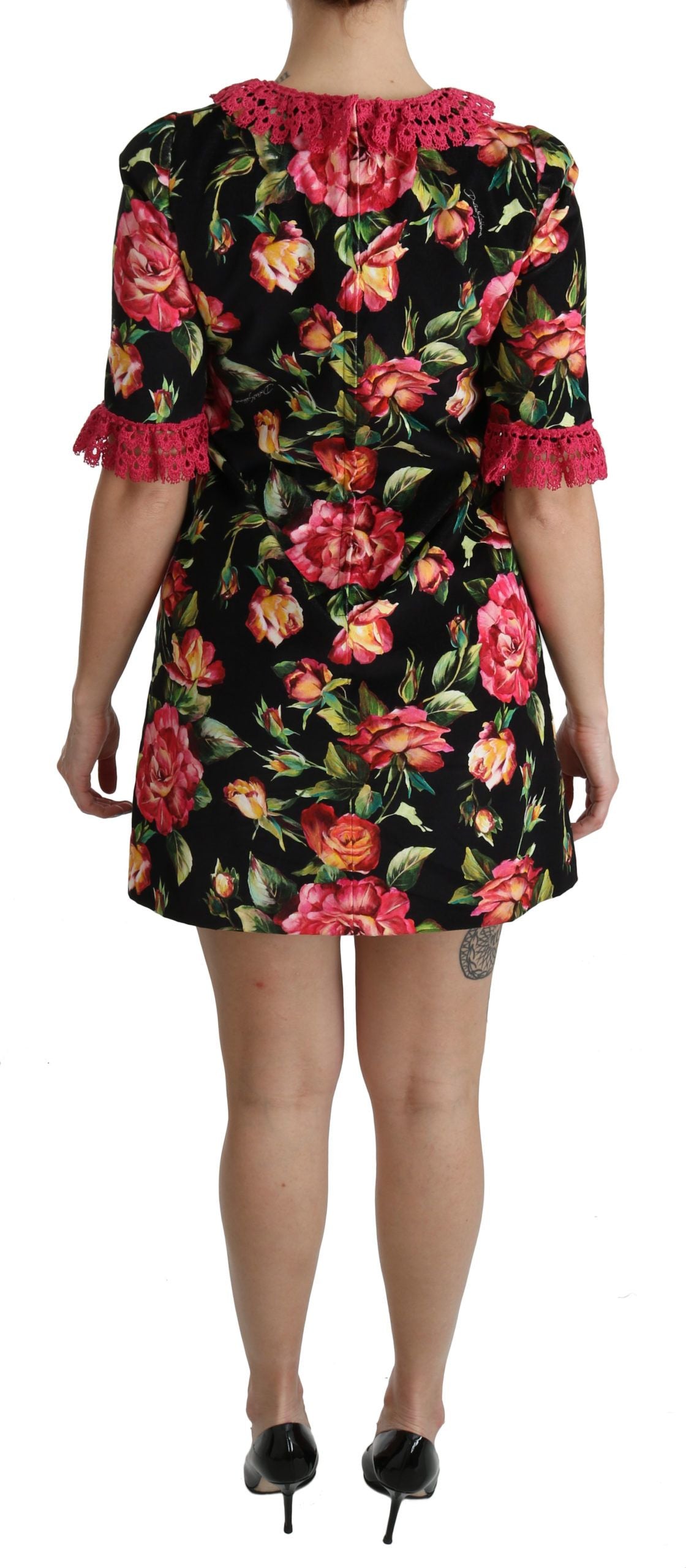 Pink floral lace Dolce & Gabbana A-line shift mini dress with a feminine lace design and elegant fit.