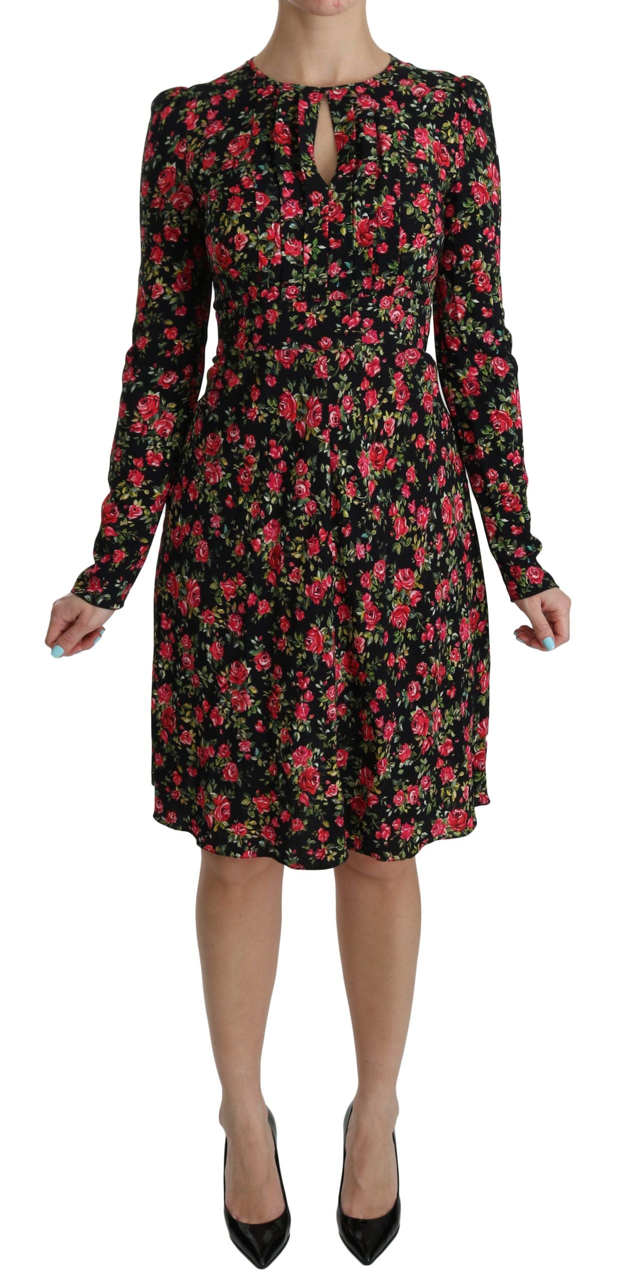 Black floral long-sleeve knee-length dress by Dolce & Gabbana, featuring elegant fabric and stylish design.