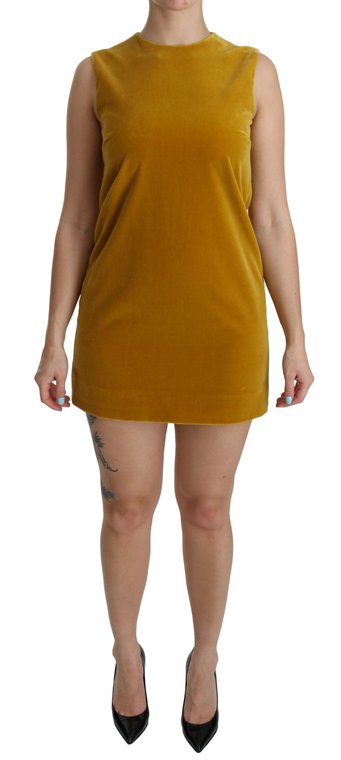 Mustard velvet stretch shift mini dress by Dolce & Gabbana, featuring a sleek fitted silhouette and elegant design.