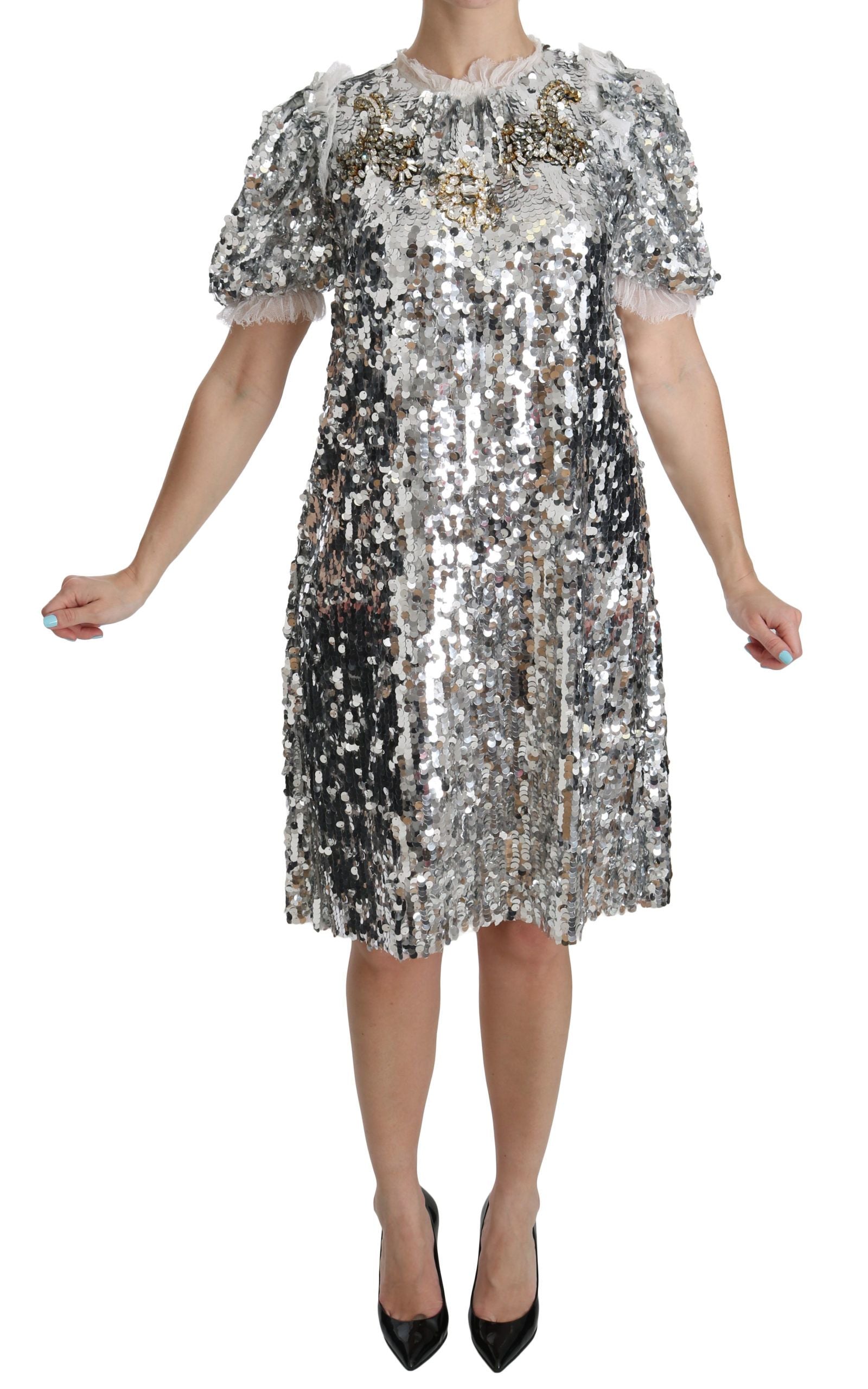 Silver sequined crystal shift gown dress by Dolce & Gabbana, featuring a shimmering, elegant design with intricate beadwork and a sleek silhouette.