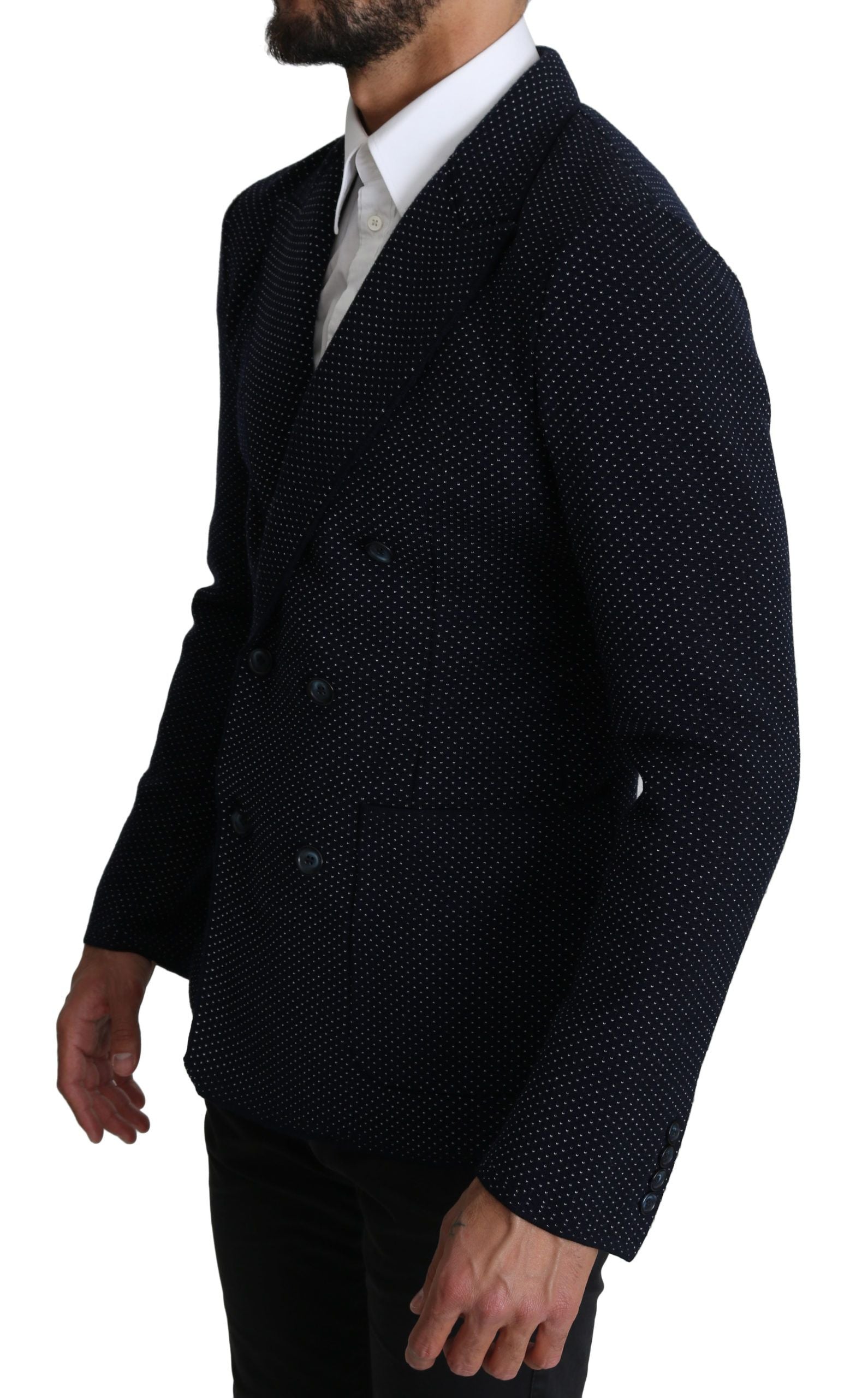 Dark blue dotted double-breasted blazer from Dolce & Gabbana, tailored fit with gold buttons and classic lapel detailing.