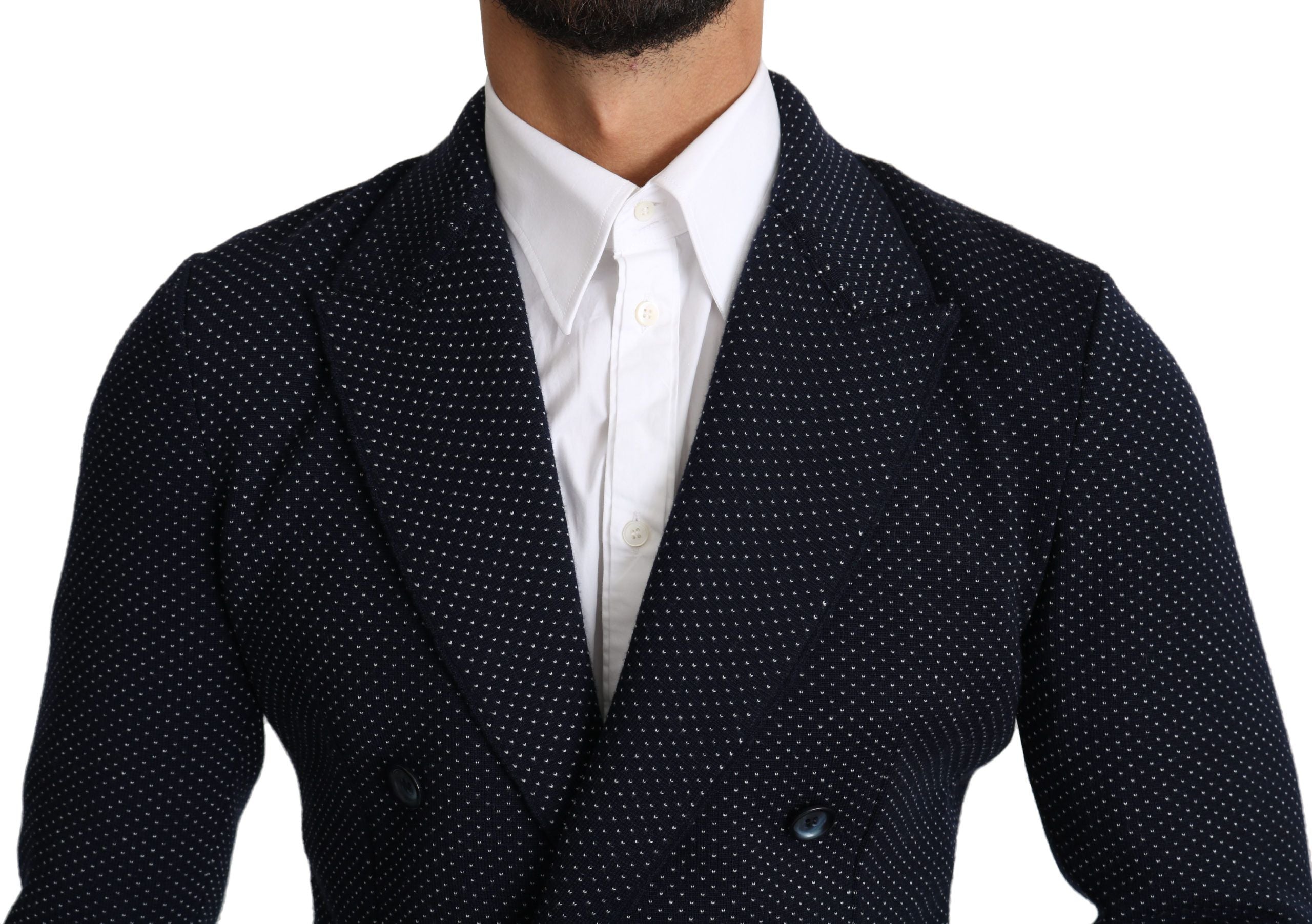 Dark blue dotted double-breasted coat blazer by Dolce & Gabbana, shown on a hanger with front view and classic tailoring details.