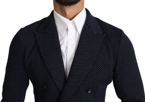 Dark blue dotted double-breasted coat blazer by Dolce & Gabbana, shown on a hanger with front view and classic tailoring details.