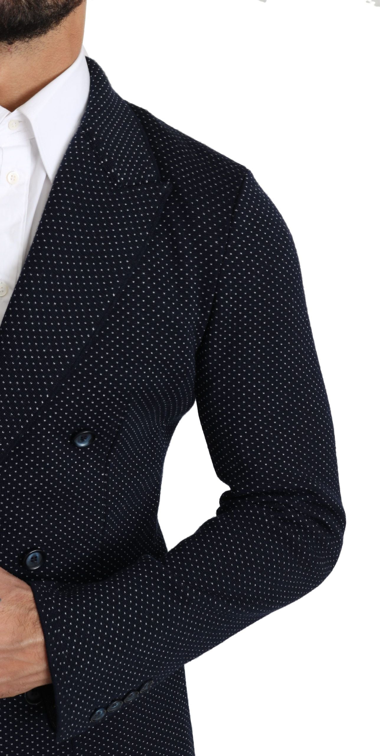 Dark blue dotted double-breasted coat blazer by Dolce & Gabbana, featuring tailored fit and stylish design details.