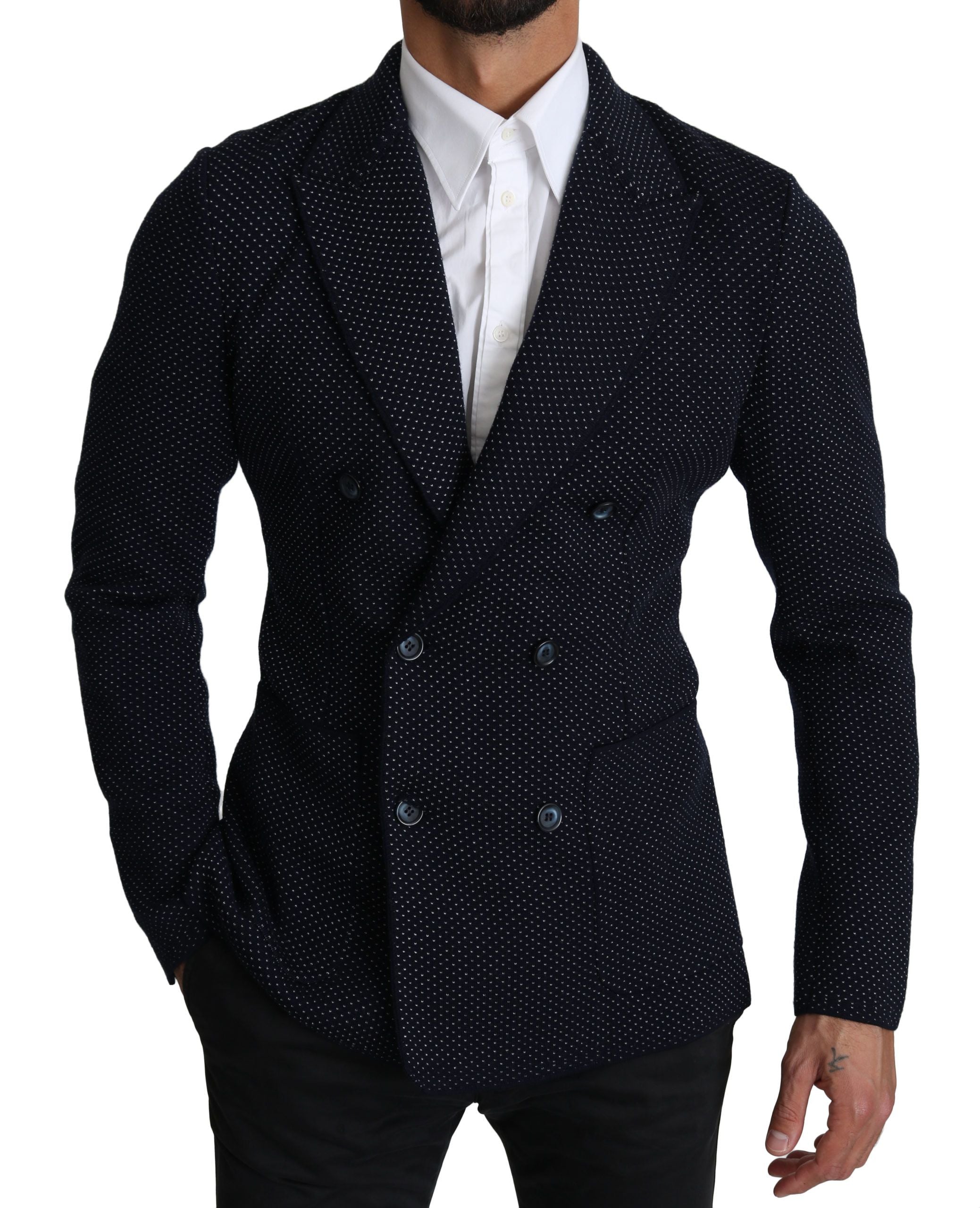 Dark blue dotted double-breasted coat blazer by Dolce & Gabbana, tailored fit with lapels and button closures, stylish and elegant.