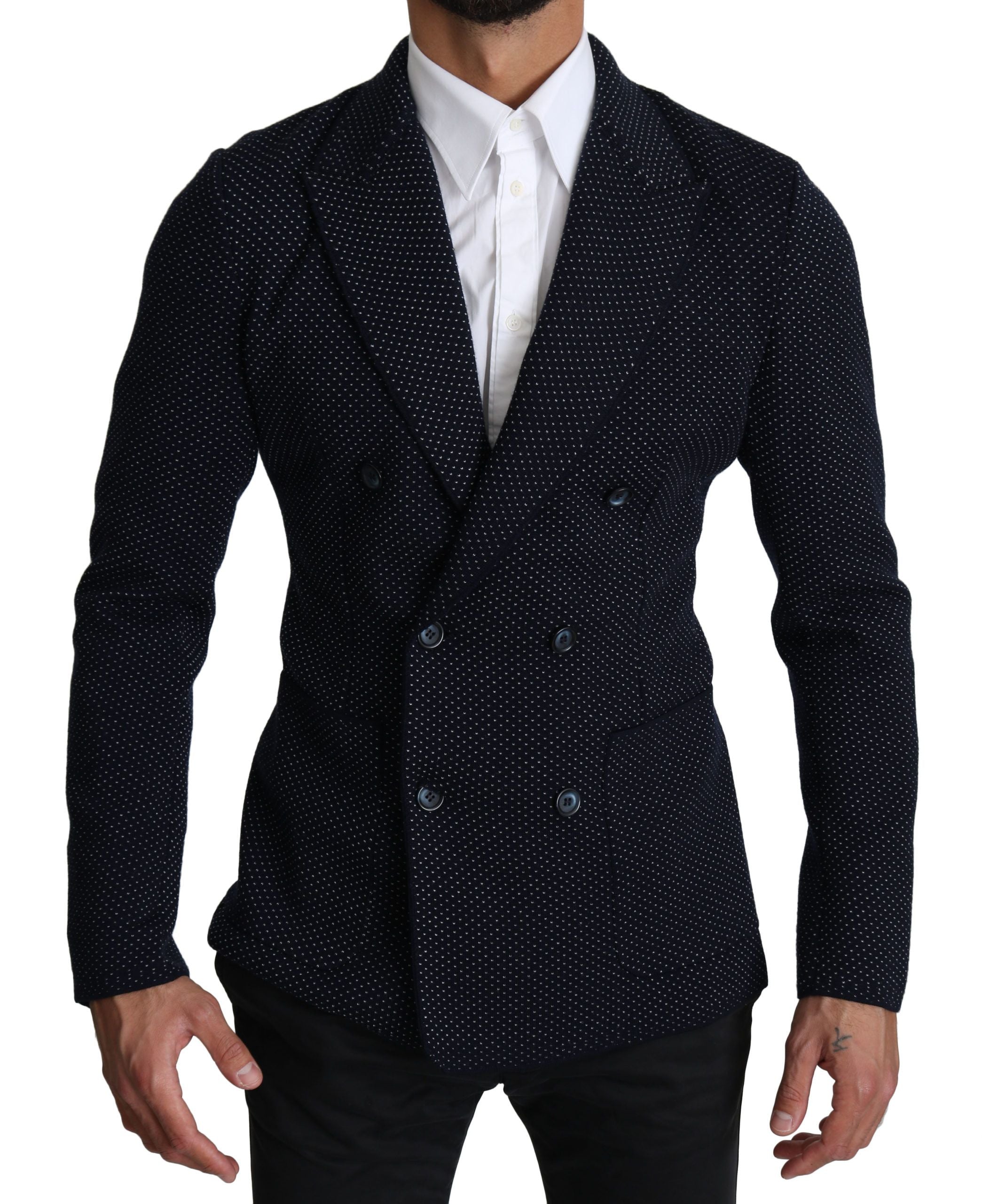 Dark blue dotted double-breasted coat blazer by Dolce & Gabbana, shown with front view and classic tailored fit.