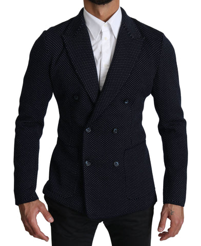 Dark blue dotted double-breasted coat blazer by Dolce & Gabbana, shown with front view and classic tailored fit.